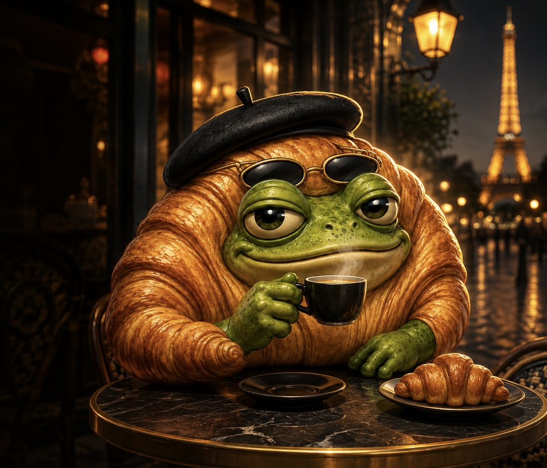 Croakissant frog and croissant character wearing a French beret at a Parisian bistro table